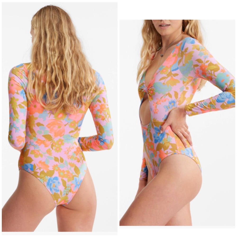 Billabong Floral Long Sleeve One Piece Swimsuit - Pink, Blue, Orange